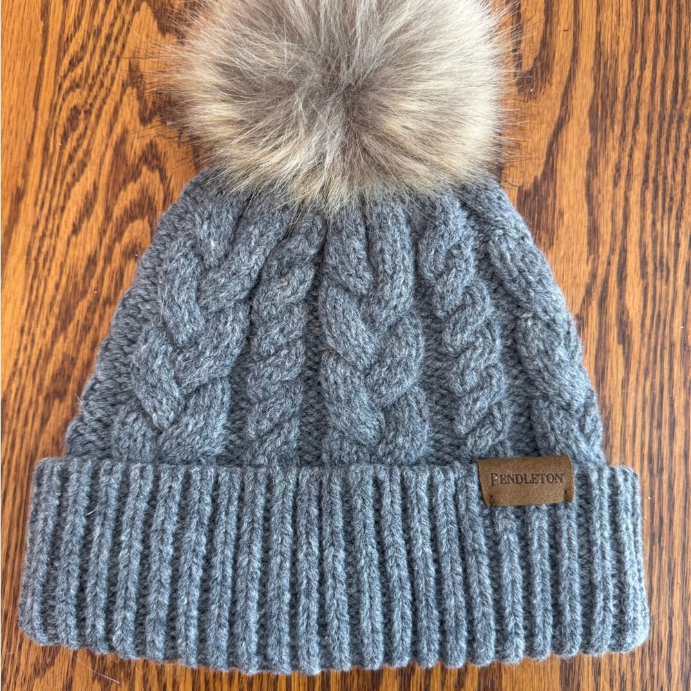 Pendleton Gray Cable Knit Kids Hat with Faux Fur Pom